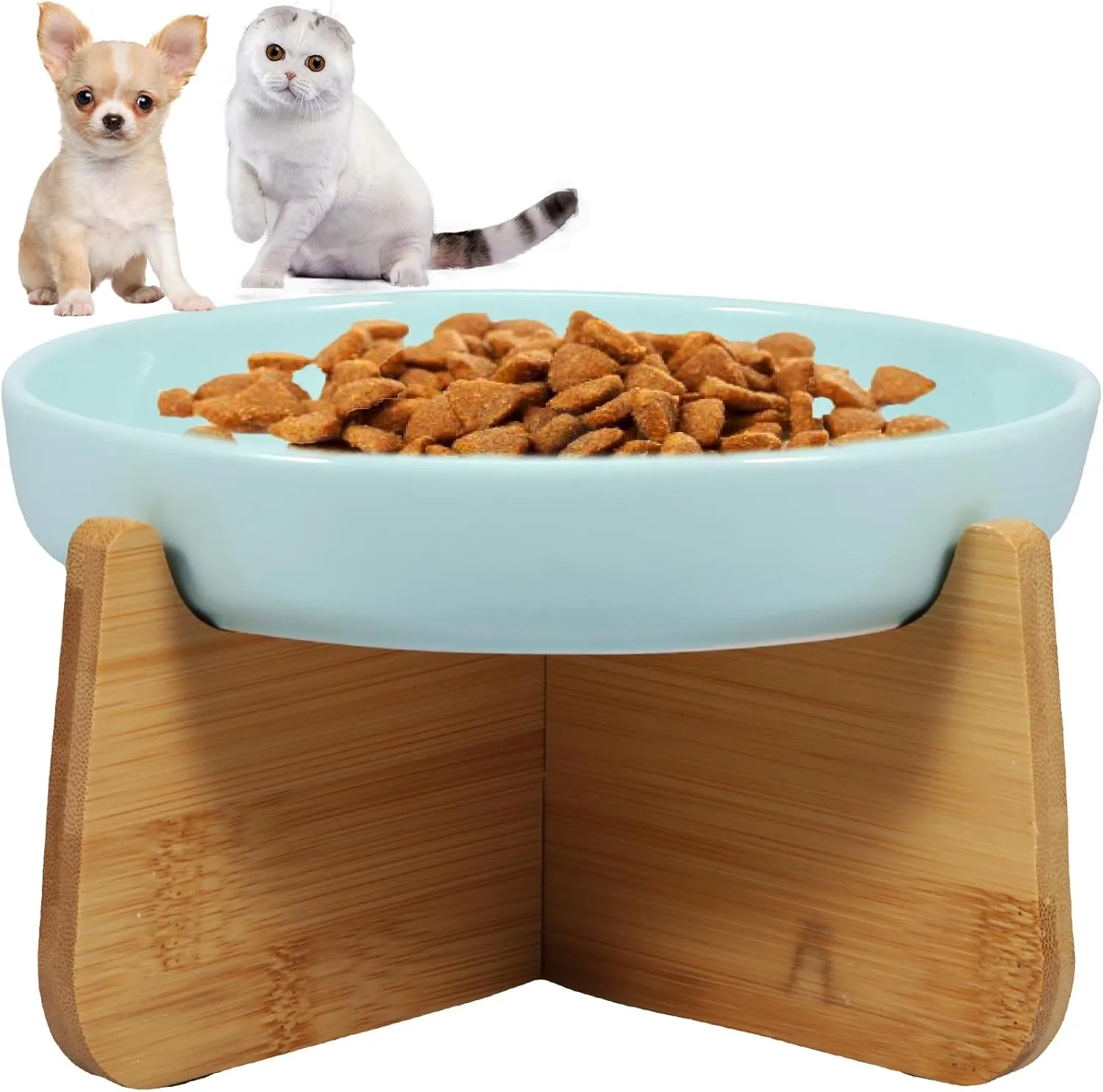 Raised Slow Feeder Cat Bowl, Elevated Cat Bowls with Wood Stand, Ceramic Cat Feeding Bowl Anti Vomiting Cat Food Bowl, Interactive Bloat Stop Cat Feeder, Improves Digestion Pet Bowl (Light Green)
