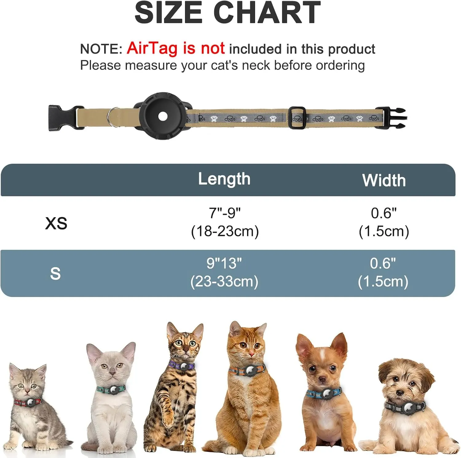 Reflective AirTag Cat Collar, Integrated Cat Tracker Collar with Air Tag Holder and Bell, Safety Elastic Band Cat GPS Collars for Girl Boy Cats, Kittens and Puppies (Khaki,XS)