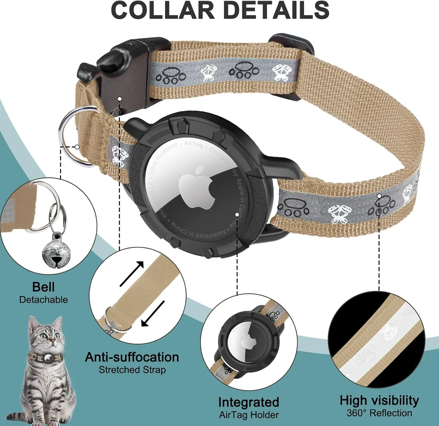 Reflective AirTag Cat Collar, Integrated Cat Tracker Collar with Air Tag Holder and Bell, Safety Elastic Band Cat GPS Collars for Girl Boy Cats, Kittens and Puppies (Khaki,XS)