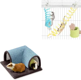 Small Pet Combo Set Elastic Climbing Ropes with Cozy Hideout Tunnel Cage Accessories for Sugar Gliders Rats Hamsters Hedgehogs 3PCS Green Blue Yellow Ropes and Blue Tunnel