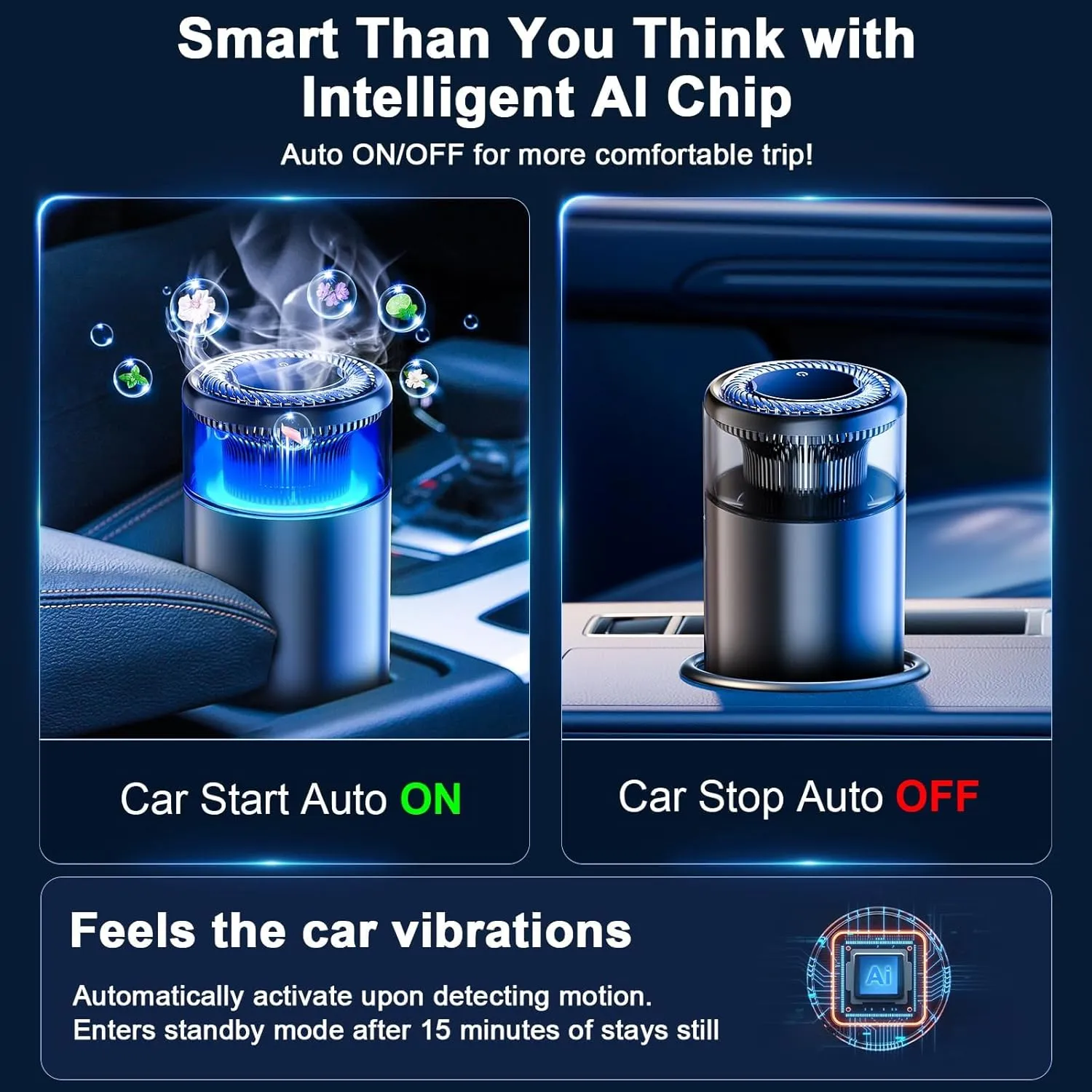 Smart Car Air Fresheners, Ambient Light & Mist Fragrance, Auto On/Off Car Air Freshener Diffuser, Adjustable Intensity, Premium Scents Refill, Lasts 1000 Times, Built-in Battery, Ocean
