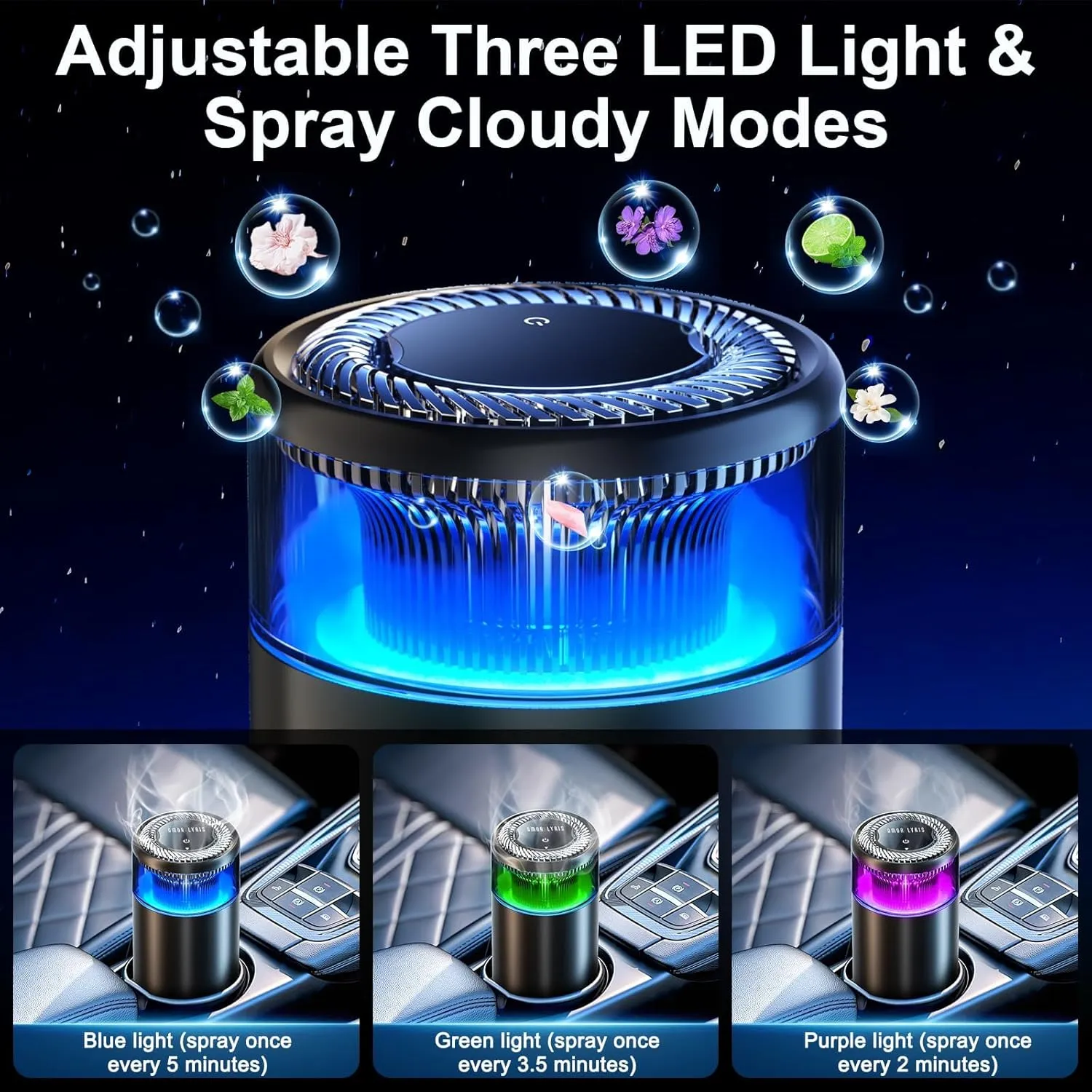 Smart Car Air Fresheners, Ambient Light & Mist Fragrance, Auto On/Off Car Air Freshener Diffuser, Adjustable Intensity, Premium Scents Refill, Lasts 1000 Times, Built-in Battery, Ocean