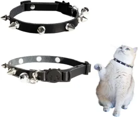 Spiked Cat Collar with Bells, Breakaway Genuine Leather Protective Collar for Kitty, Studs Spikes Punk Style Adjustable for Girl Boy Kittens Small Bunny Rabbit, 10"-12" Black