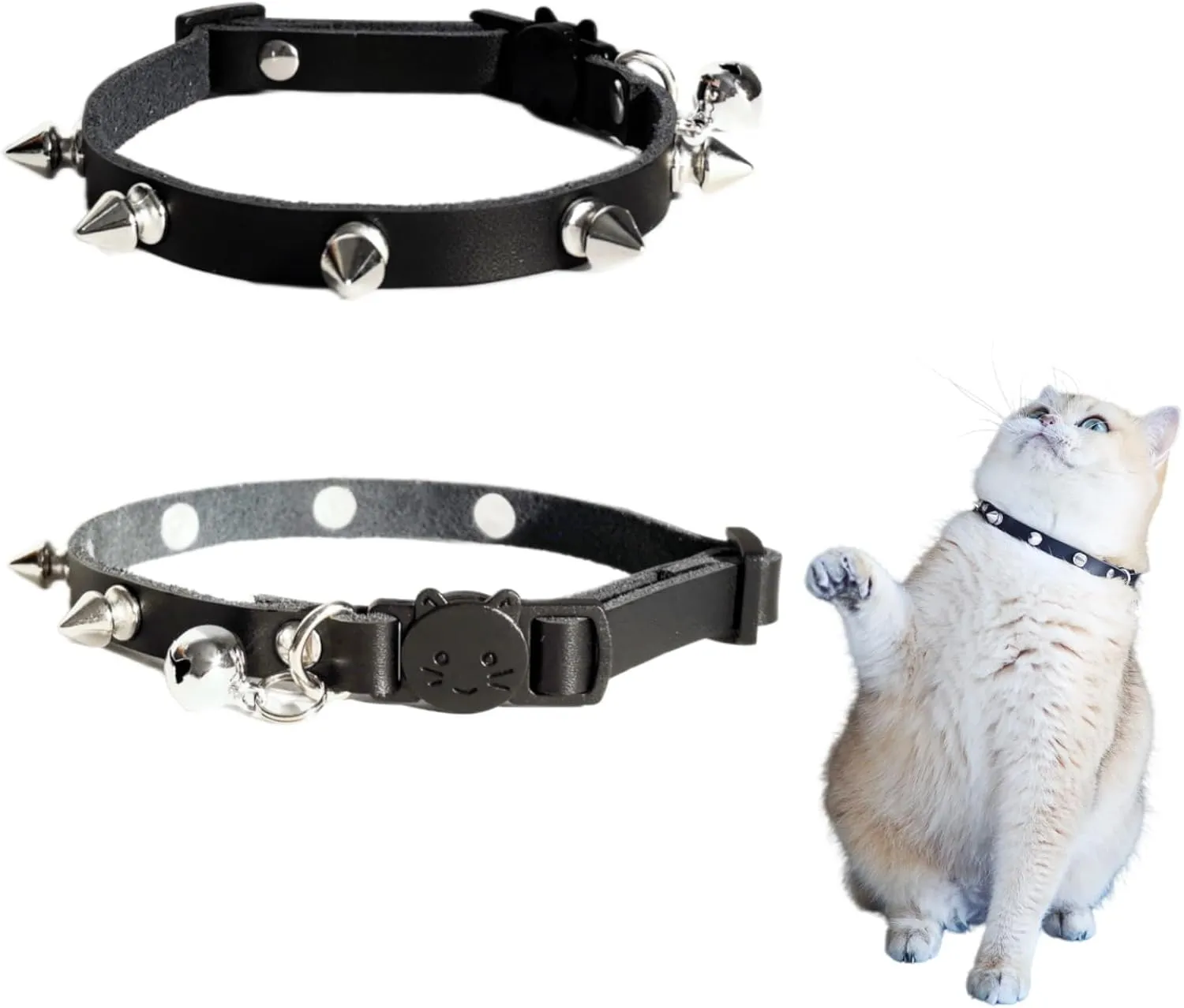 Spiked Cat Collar with Bells, Breakaway Genuine Leather Protective Collar for Kitty, Studs Spikes Punk Style Adjustable for Girl Boy Kittens Small Bunny Rabbit, 10"-12" Black