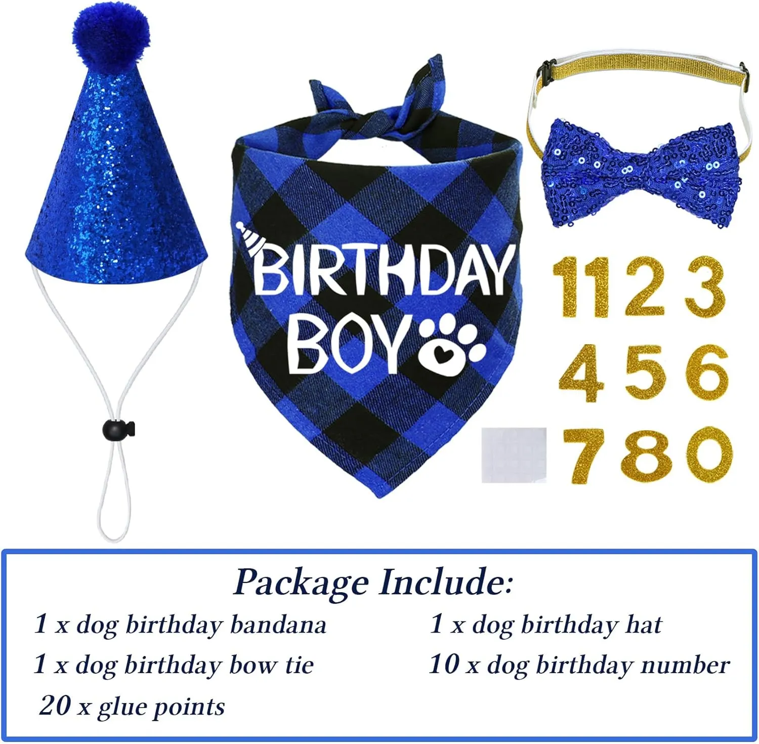 STMK Dog Birthday Party Supplies, X-Large, Blue - Includes Hat, Bandana, Bow Tie, Numbers & Glue Points