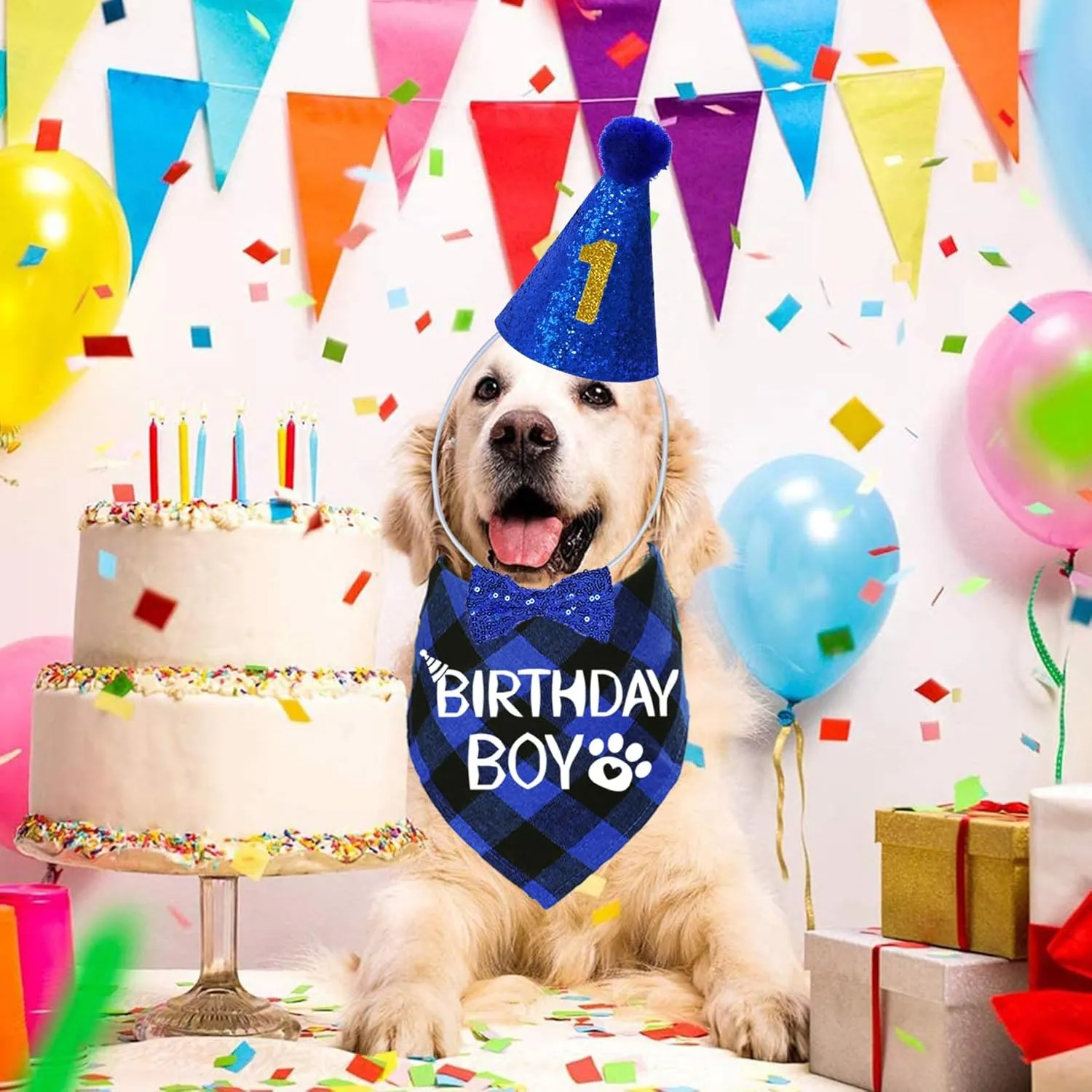 STMK Dog Birthday Party Supplies, X-Large, Blue - Includes Hat, Bandana, Bow Tie, Numbers & Glue Points
