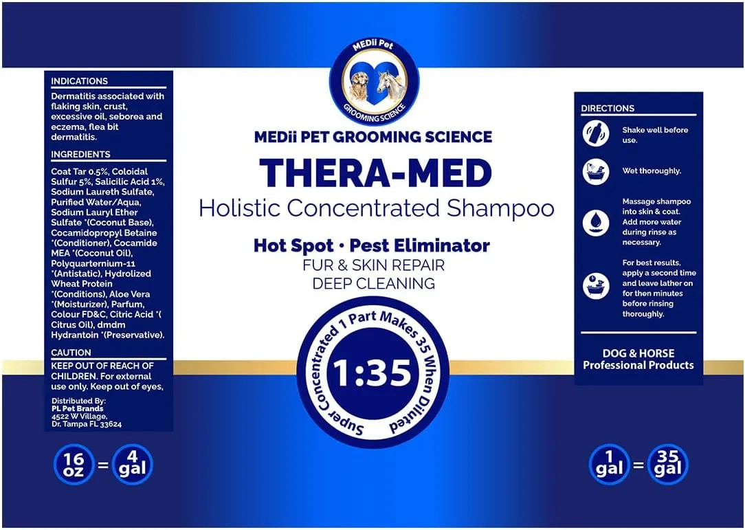 THERA-MED Concentrated Shampoo - Natural Scent, Foams & Rinses Easily, 16 Oz Medicated Dog Shampoo for Intense Itch Relief, Makes 4 Gallons