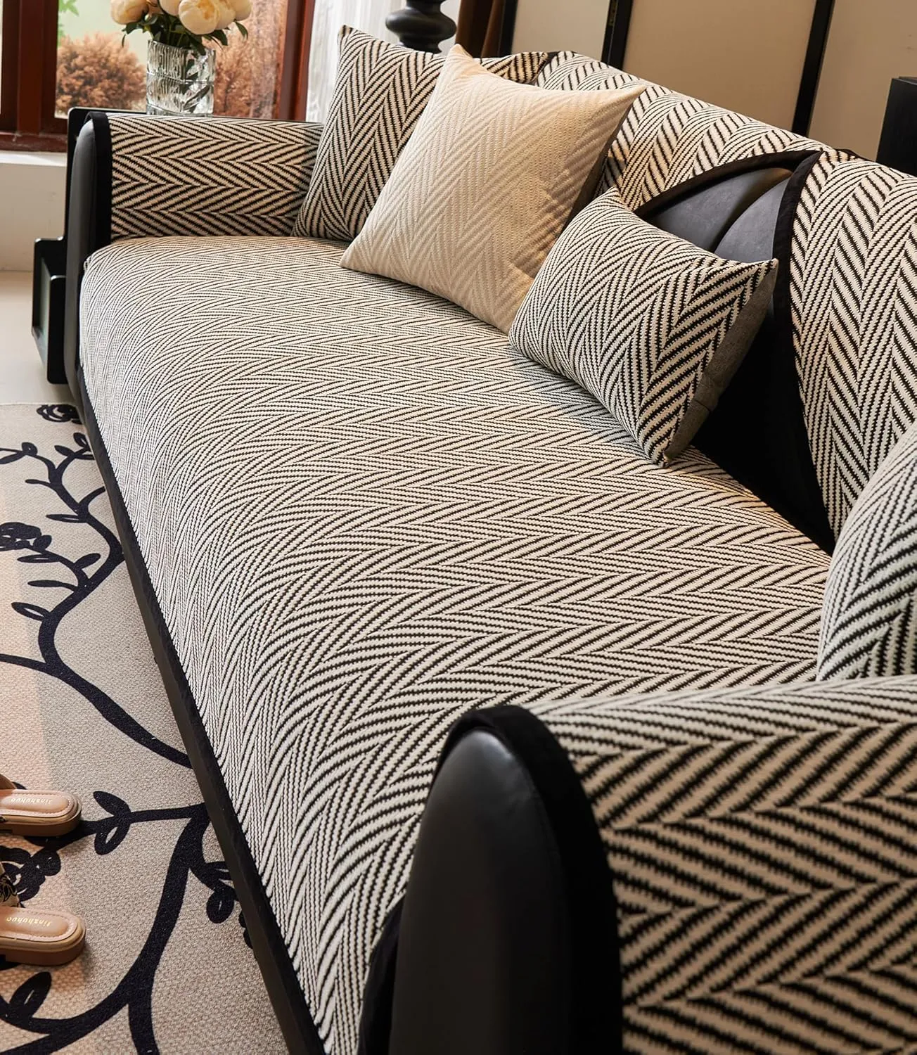 vctops Black and White Stripe Couch Cover Farmhouse Chenille Sofa Covers Soft Cozy Non Slip Sectional Couch Cover Washable Sofa Slipceover for Dogs, Pets Furniture Protector (Black,43"x63")