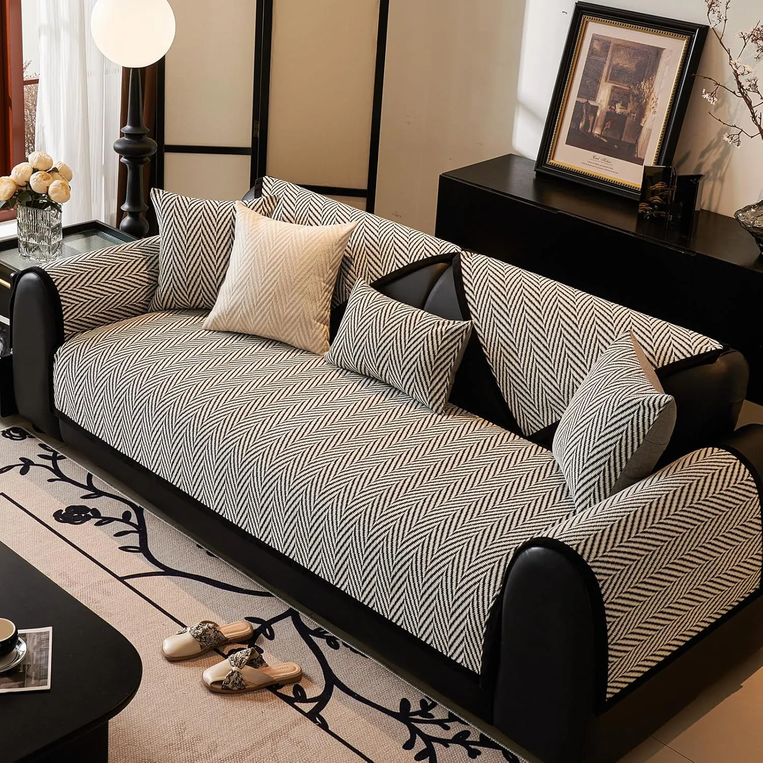 vctops Black and White Stripe Couch Cover Farmhouse Chenille Sofa Covers Soft Cozy Non Slip Sectional Couch Cover Washable Sofa Slipceover for Dogs, Pets Furniture Protector (Black,43"x63")