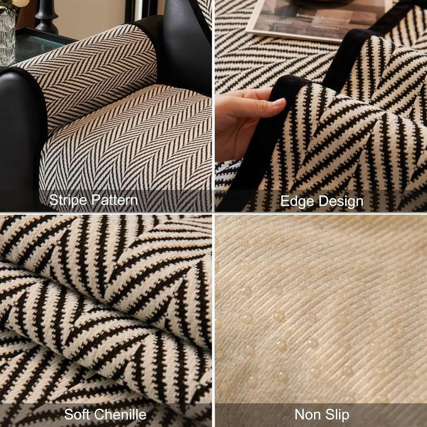 vctops Black and White Stripe Couch Cover Farmhouse Chenille Sofa Covers Soft Cozy Non Slip Sectional Couch Cover Washable Sofa Slipceover for Dogs, Pets Furniture Protector (Black,43"x63")