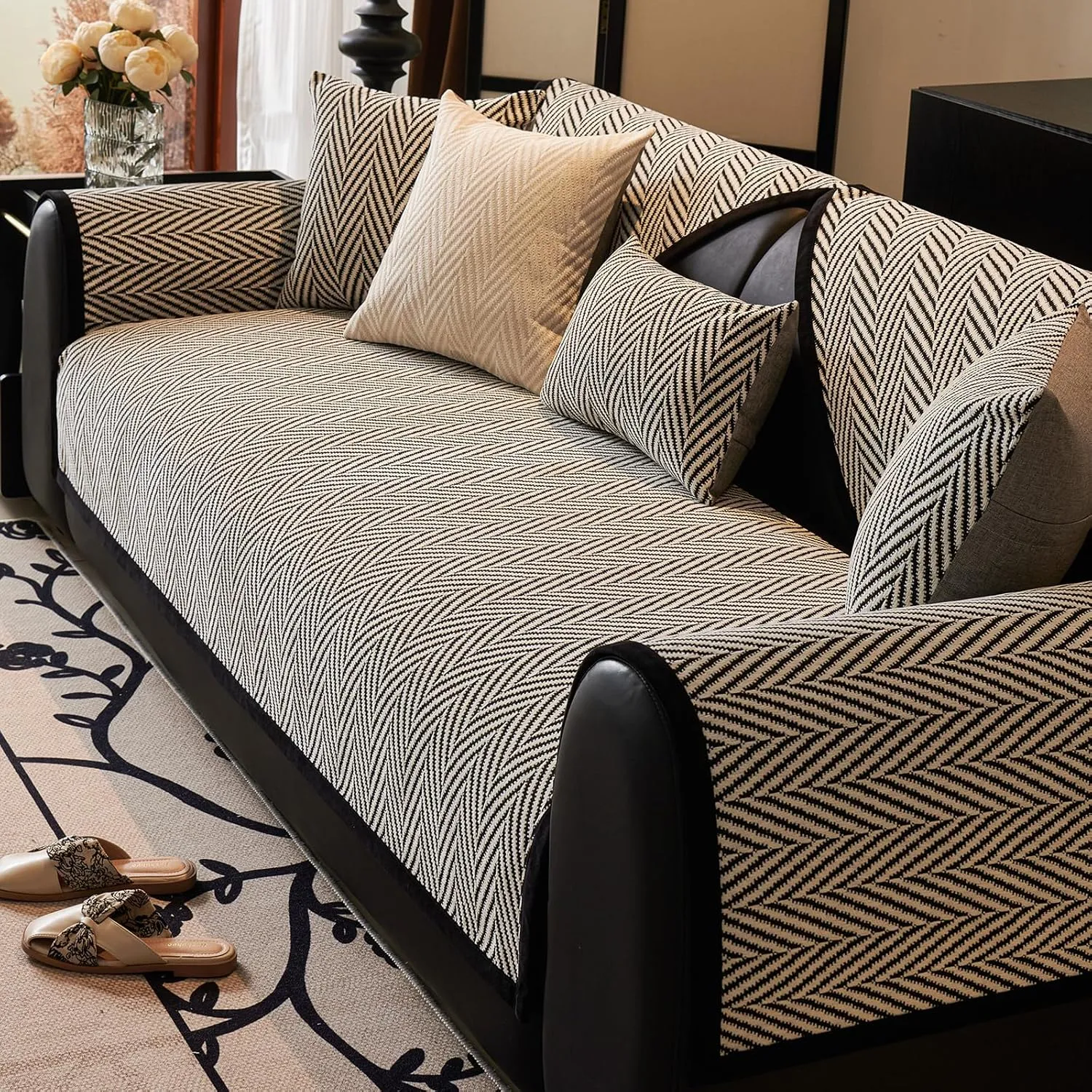 vctops Black and White Stripe Couch Cover Farmhouse Chenille Sofa Covers Soft Cozy Non Slip Sectional Couch Cover Washable Sofa Slipceover for Dogs, Pets Furniture Protector (Black,43"x63")