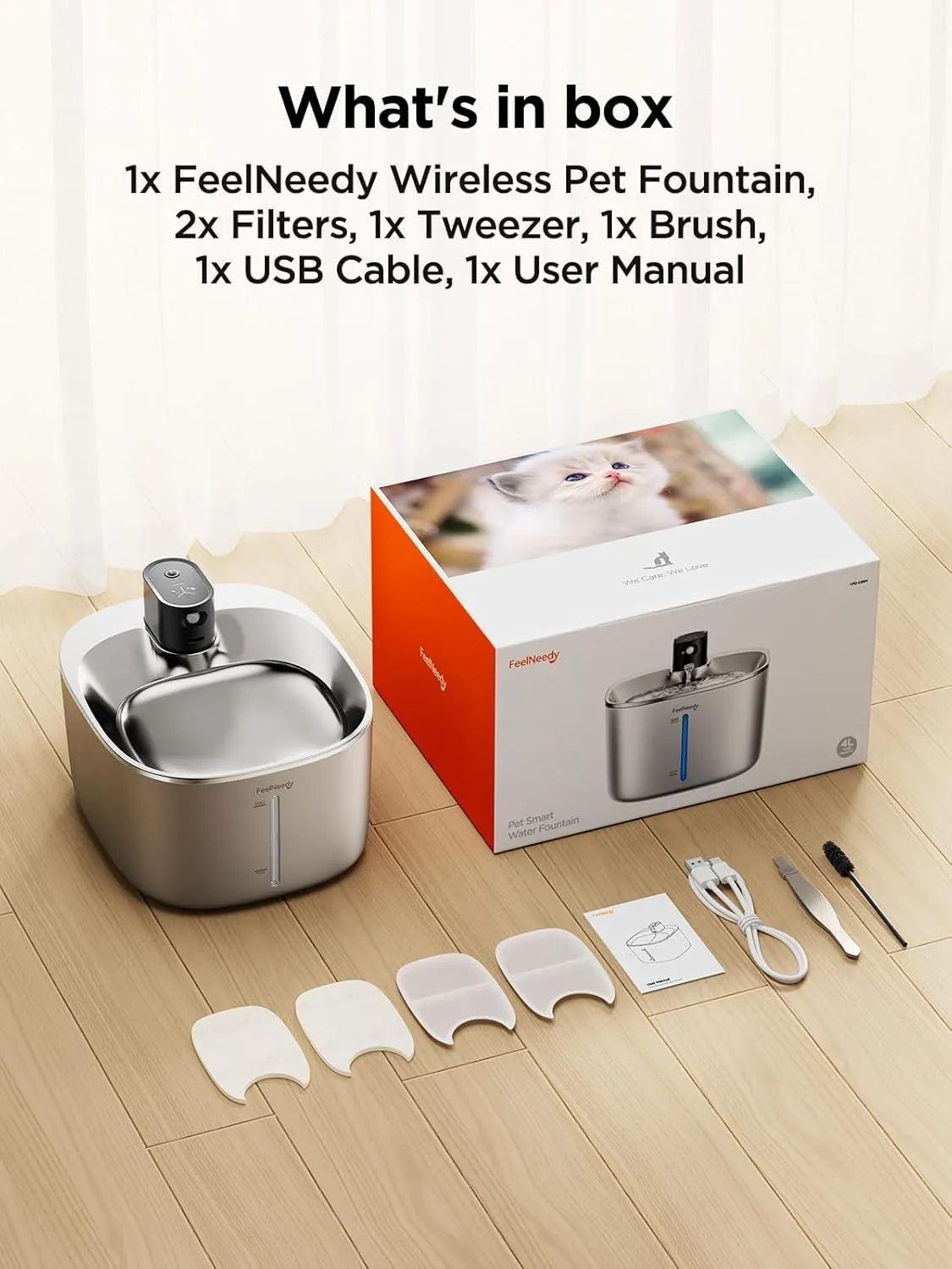 Wireless Cat Water Fountain Stainless Steel with Sensor, 4000mAh Battery Operated, 4L/135fl oz Pet Water Fountain for Cats Dogs, Ultra Quiet Cat Drinking Fountain with 2 Filters (YPD-C004S)